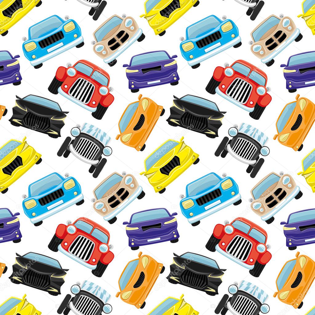 Seamless pattern with colored cars on a white background.