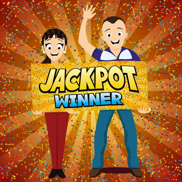 Jackpot Gagnant Loterie Bannière Rouge Avec Couple Heureux — Image vectorielle