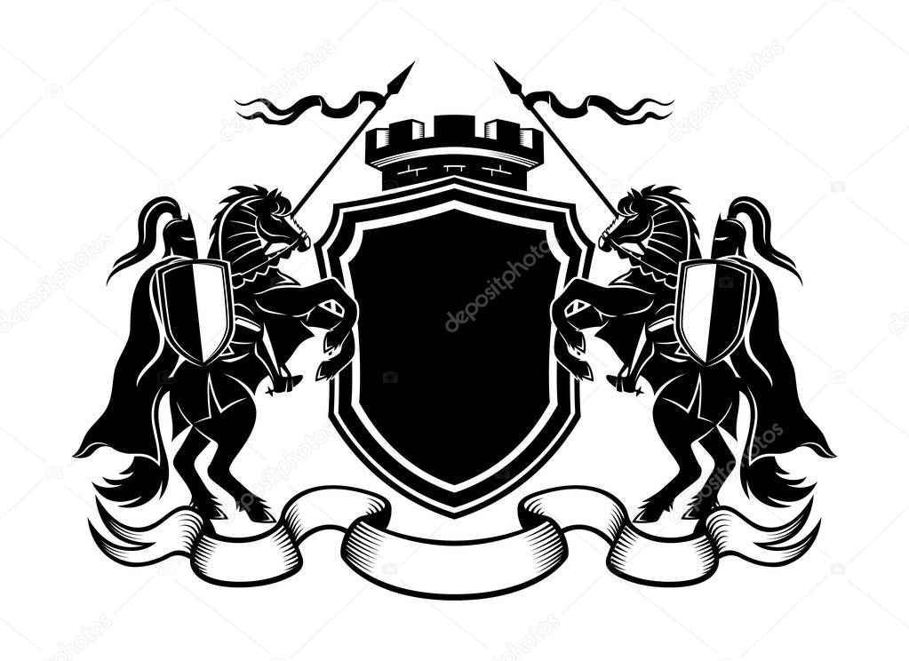 Knights with spears riding a horse and shield on a white background.
