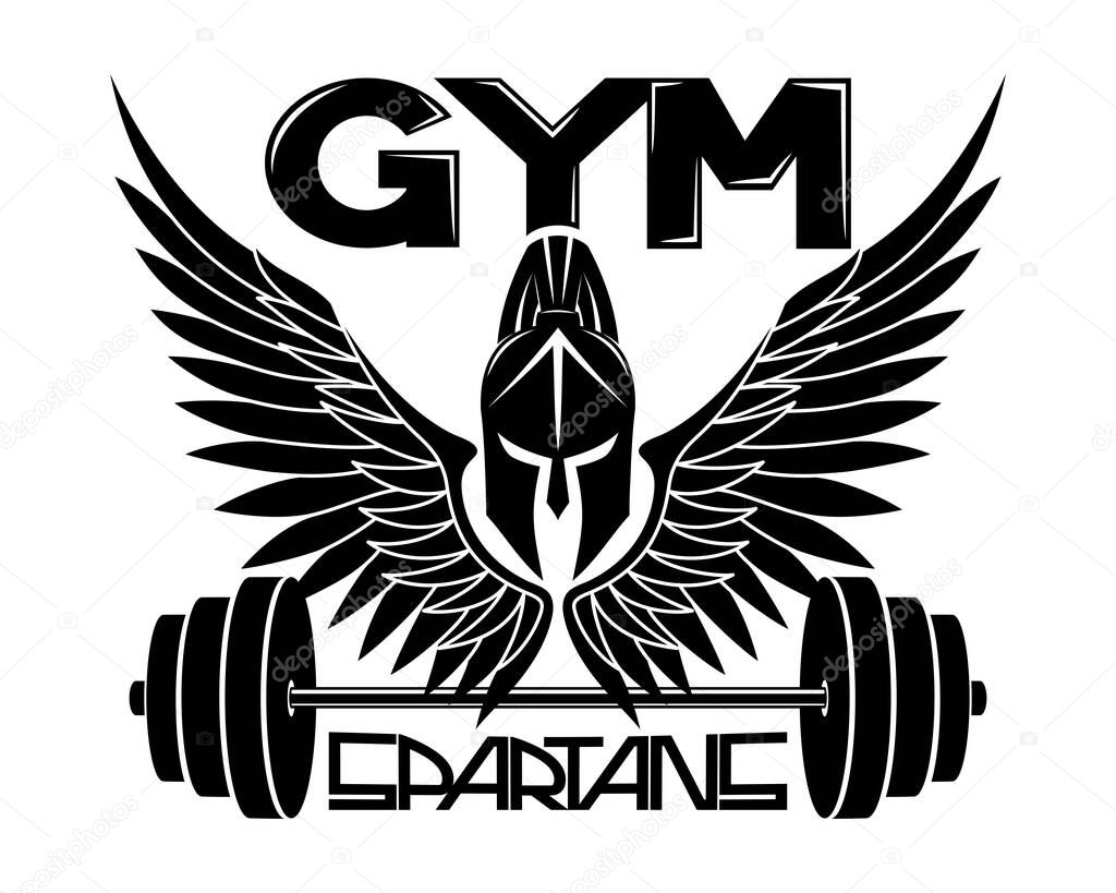 Gym sign with Spartan helmet and wings on a white background.