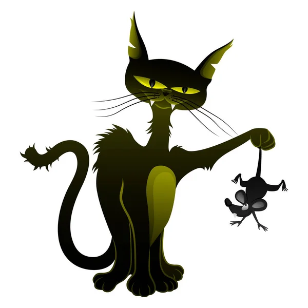 Black Cat Holds Caught Mouse Paw White Background — Stock Vector