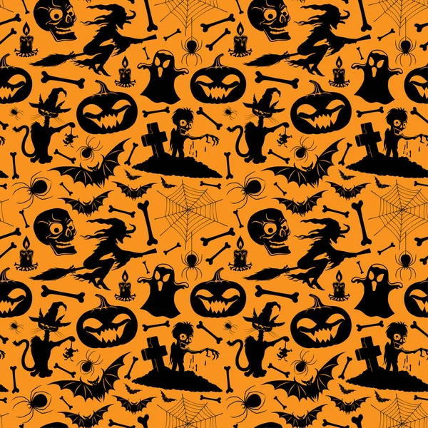 Seamless Pattern Black Halloween Elements Orange Background — Stock Vector