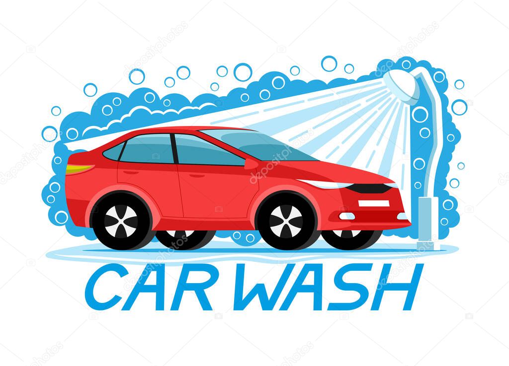 Car wash sign with red car on a white background.