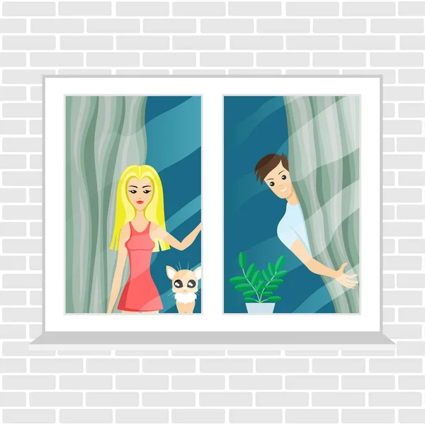 窓には若い夫婦と猫が描かれている — ストックベクタ