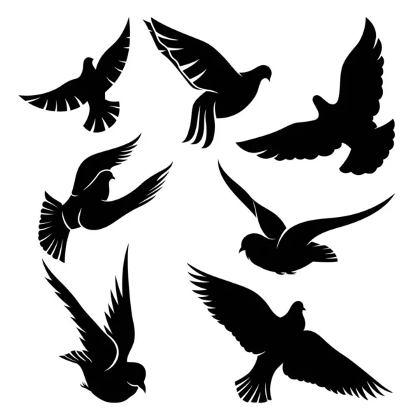 Set Black Doves Flight White Background — Stock Vector