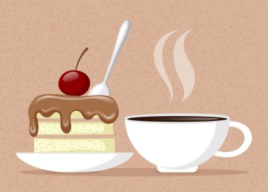 Kahverengi arka planda tatlı kek ve bir fincan kahve.