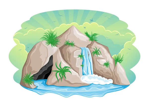 Красивий Водоспад Скелях Білому Тлі — стоковий вектор