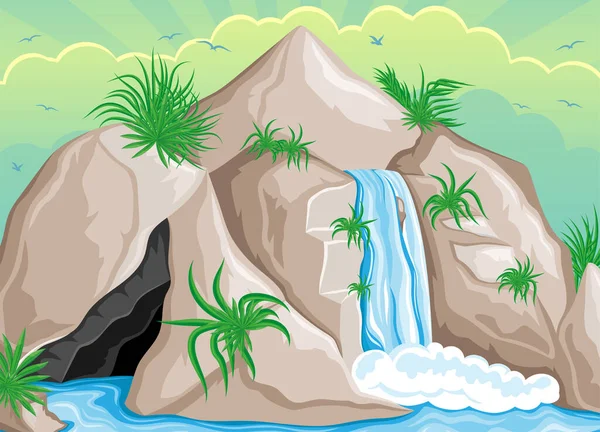 岩の中に美しい熱帯の滝のある風景 — ストックベクタ