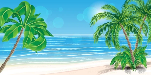 Ilustración Con Hermosa Playa Tropical Palmeras — Vector de stock