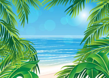 Tropik bir sahil arka planında palmiye yaprakları çerçevesi.