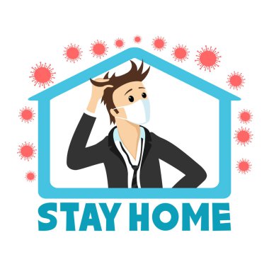 İşsiz işadamı evinde oturuyor ve beyaz arka planda virüsler var..