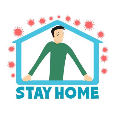 Beyaz arka planda virüsler ve evde bir adamın olduğu bir resim..