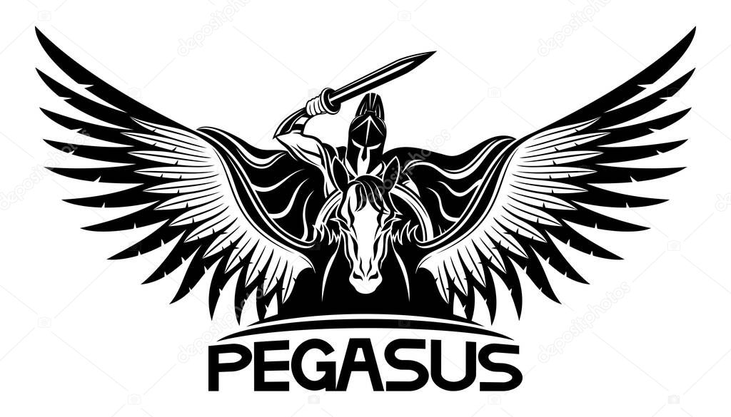 Ancient warrior with a sword and shield riding a Pegasus.