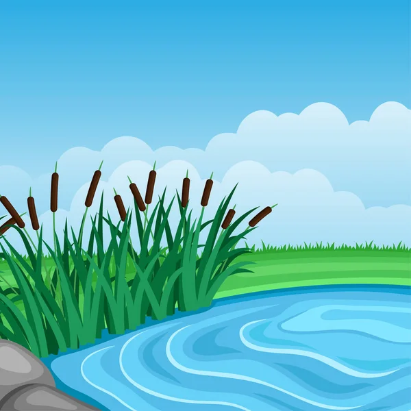 带池塘和芦苇的夏季图景 — 图库矢量图片