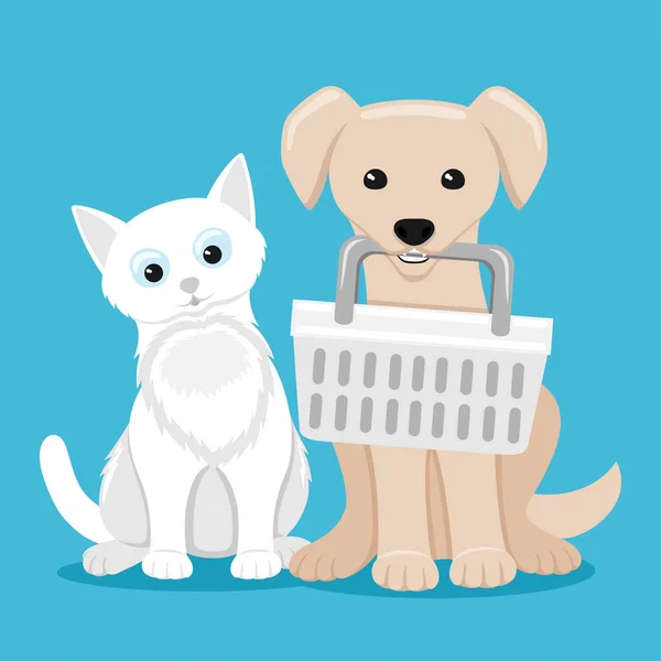 Illustratie Met Schattige Kat Hond Met Mand Blauwe Achtergrond — Stockvector