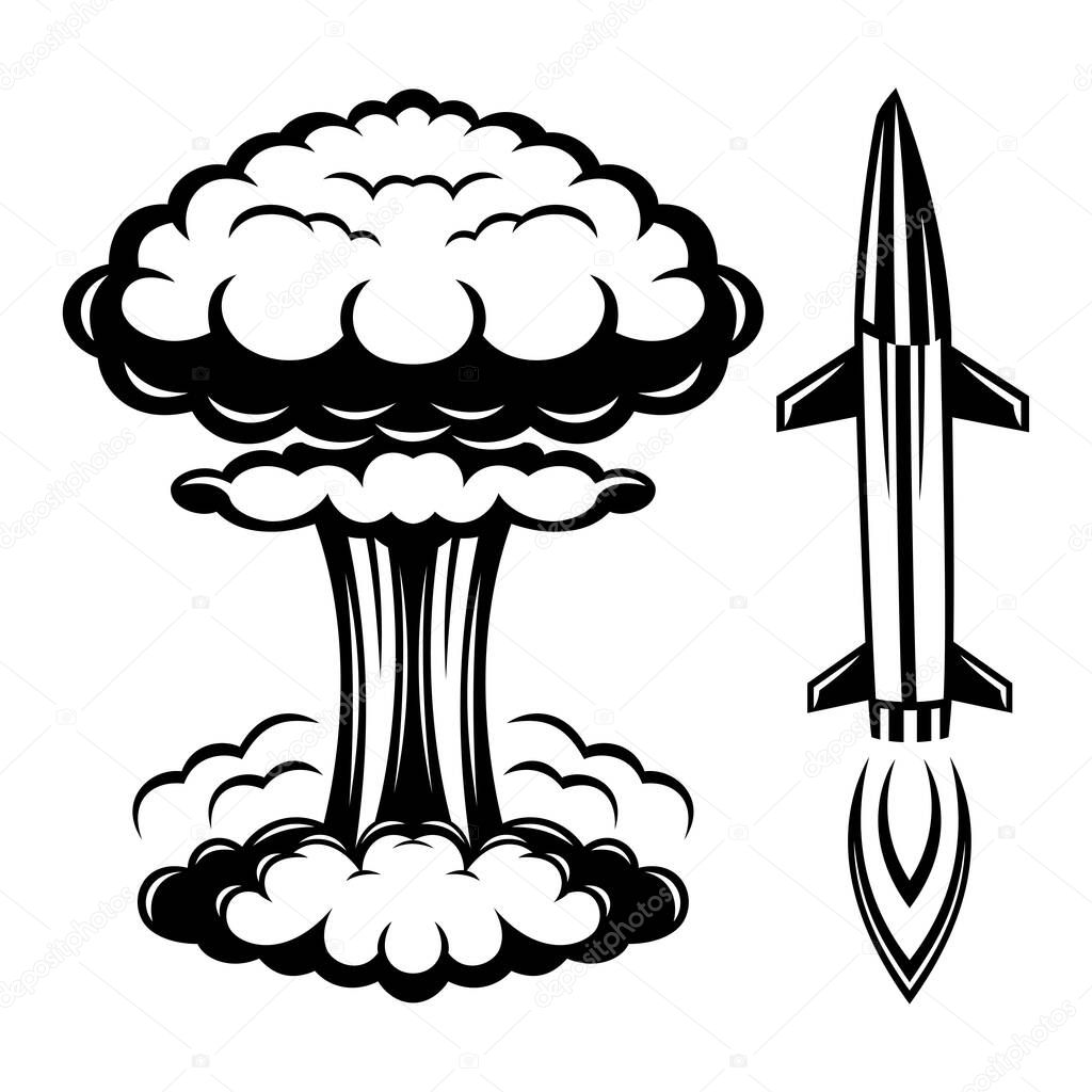 Black icons of nuclear explosion and rocket on white background.