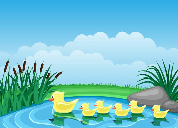 Illustration Cute Ducks Swimming Pond — Stock Vector