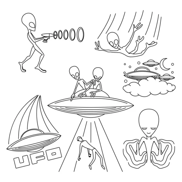 Beyaz Arka Planda Dünya Dışı Uzaylılarla Çizilmiş Çizimler — Stok Vektör