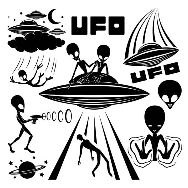 Ensemble Icônes Avec Extraterrestres Étrangers Sur Fond Blanc — Image vectorielle