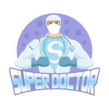 Koruyucu maskeli süper doktorlu mavi tıbbi simge ve beyaz arka planda virüsler.