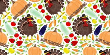 Şükran Günü için beyaz arka planda hindili ve hasatlı kusursuz desenler..