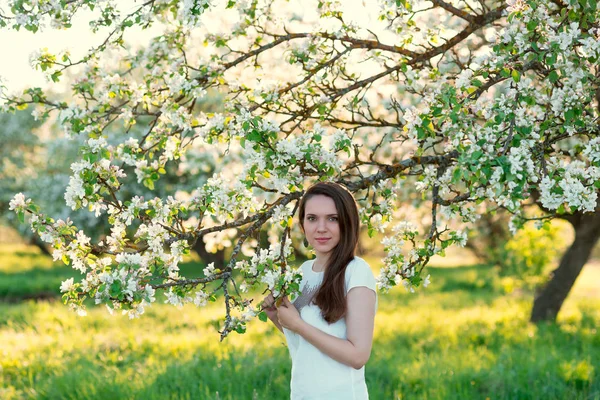 Mooie vrouw in de bloei appelbomen — Stockfoto