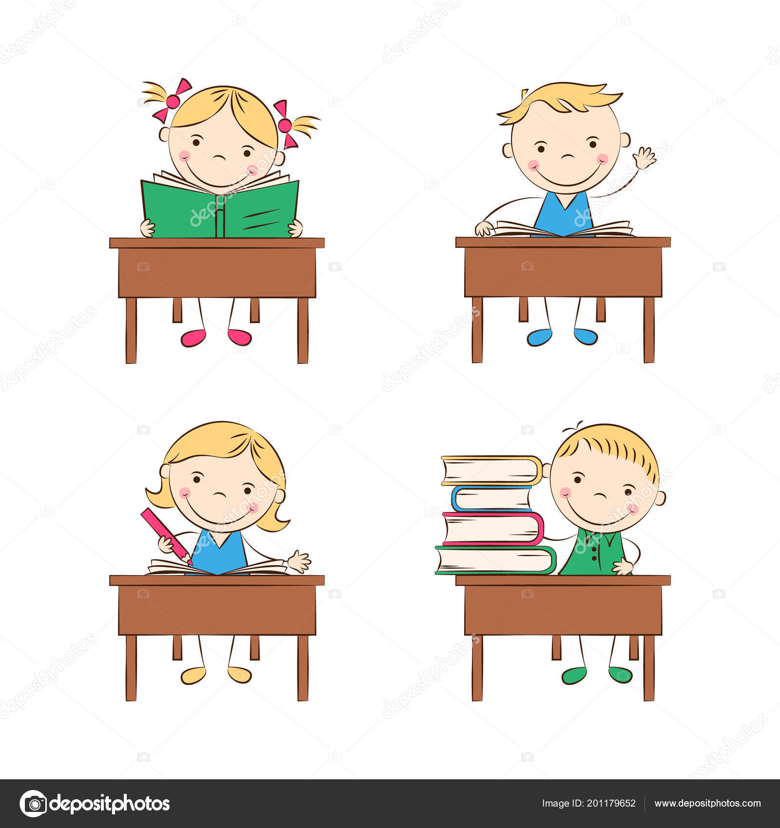 Funny Doodle Kids Sit School Desks Classroom Happy Cartoon Boys
