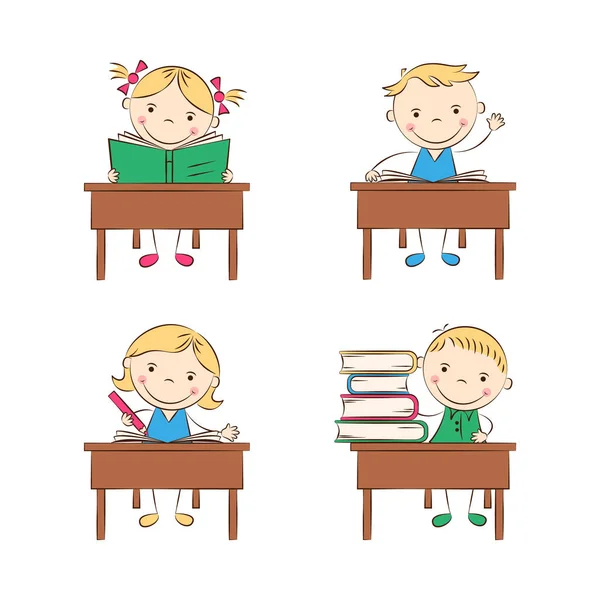 Legrační Doodle Děti Sedět Lavici Třídě Šťastný Karikatura Chlapci Děvčata — Stockový vektor