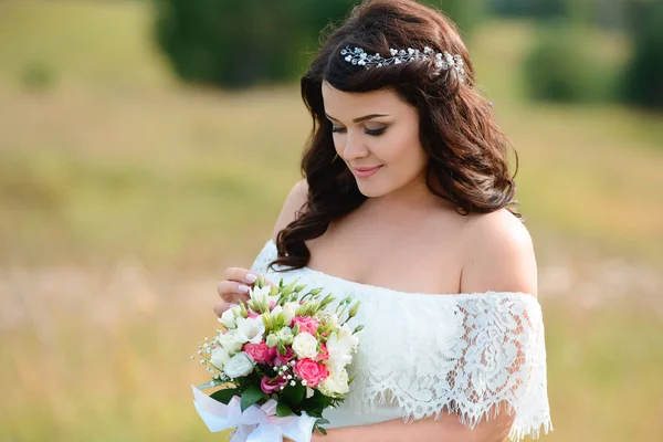 Beautiful Brunette Girl Bouquet Flowers Young Woman Long Hair White — Stock Photo, Image