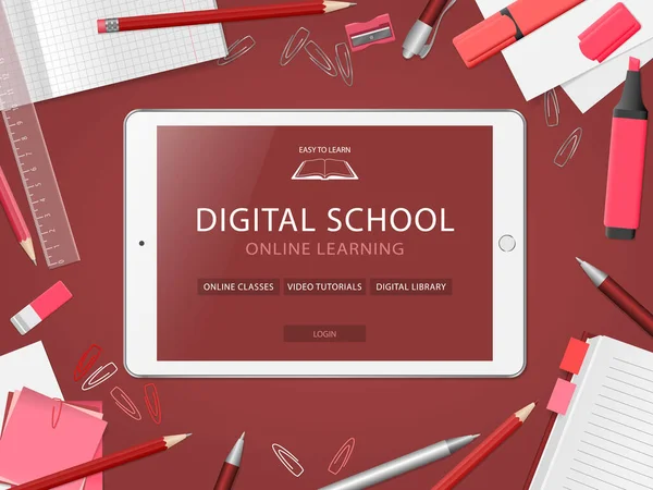 Área Trabalho Com Tablet Material Escolar Página Site Aprendizagem Line — Vetor de Stock
