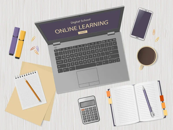 Área Trabalho Com Laptop Material Escolar Página Site Aprendizagem Online — Vetor de Stock