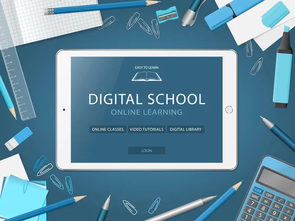 Stolní Počítač Tabletem Školní Potřeby Stránka Online Učení Obrazovce Tabletu — Stockový vektor