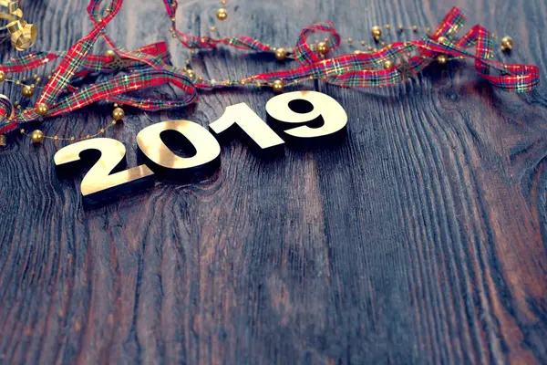 Happy New Year 2019 Symbol Number 2019 Wooden Background — Stock Photo, Image