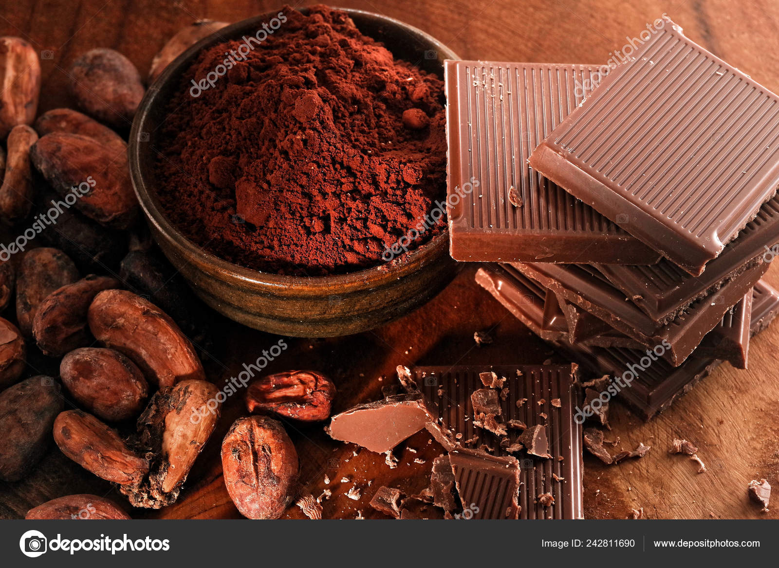 Broken Dark Chocolate Cocoa Powder Coffee Beans Wooden Table Stock