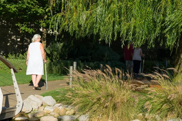 Kvinnan Promenader Utomhus Hjälpt Käpp Stockbild