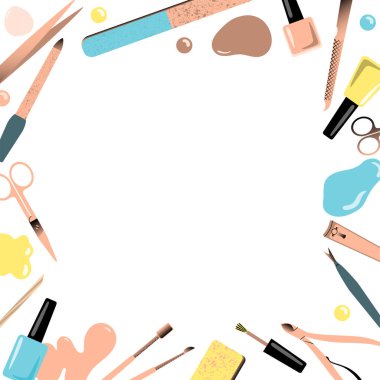 Manikür için aksesuarlarla çerçevelenmiş. Vektör.