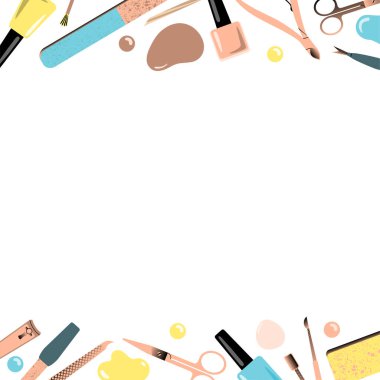 Manikür için aksesuarlarla çerçevelenmiş. Vektör illüstrasyonu.