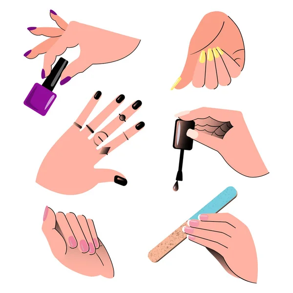 Manos mostrando manicura y cuidado de uñas. Listos. Ilustración vectorial . — Vector de stock