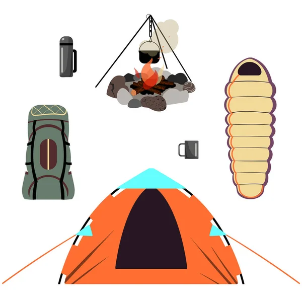 Um conjunto de fotos sobre trekking, camping e viajar na natureza. Ilustração vetorial . — Vetor de Stock