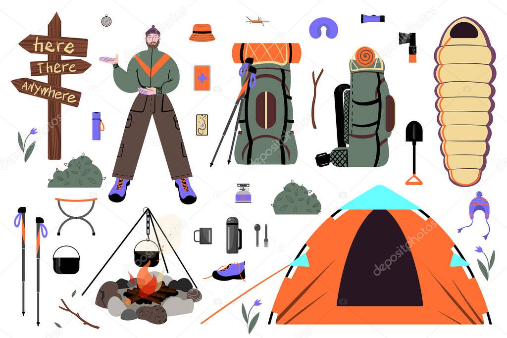 A set of pictures about trekking, camping and traveling in the wild. Vector.