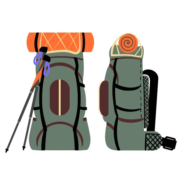 绿色旅行背包，配有橙色垫子和远足或徒步旅行的杆子。有两种类型。矢量说明. — 图库矢量图片