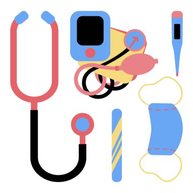 Terapist aletleri. Tıbbın konsept klipleri. Tıbbi muayene, tedavi ya da teşhis için bir takım nesneler. Vektör çizimi. Çizgi film düz stili.