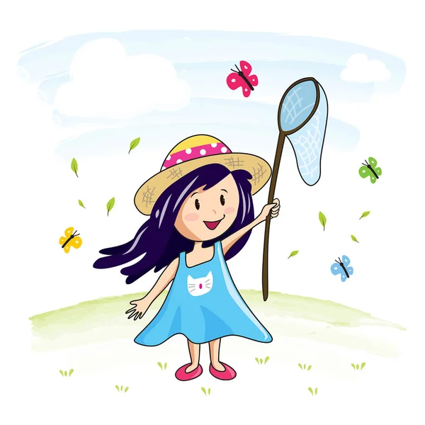Χαρούμενο κορίτσι που πιάνει πεταλούδα — Διανυσματικό Αρχείο