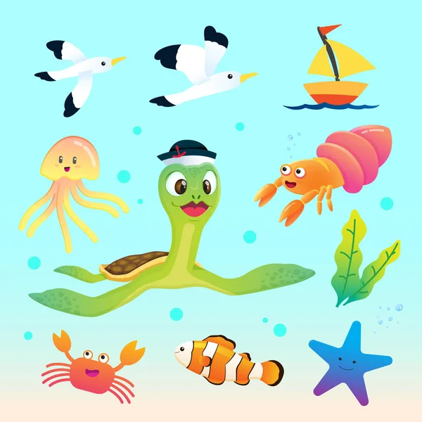 Sea Animal Set Funny Marine Animal Vector — Stock Vector