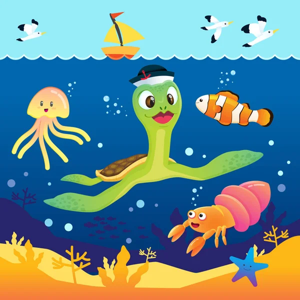 海の生活の幸せ カラフルな笑顔の海の動物 — ストックベクタ