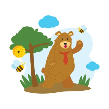 Ağacın altında kırmızı kravat ve arı ile büyük ayı.