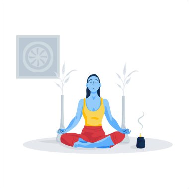 Gözleri kapalı genç bir kadın bacak bacak üstüne atmış ve meditasyon yapıyor. Meditasyon, evde rahatlama, ruhani uygulama, yoga ve nefes egzersizi. Düz çizgi film vektör çizimi.