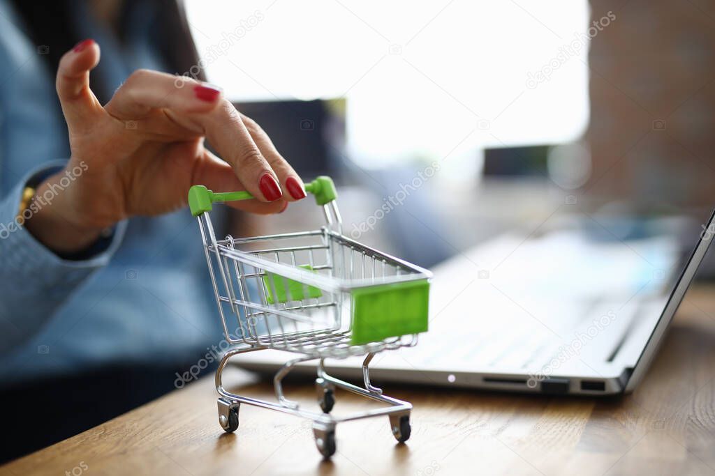 Woman holds in her hand small shopping basket.