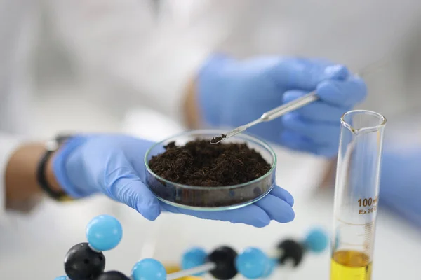 Glasbecher mit Bodenprobe steht in Gummihandschuhen in Chemielabor-Nahaufnahme bereit — Stockfoto