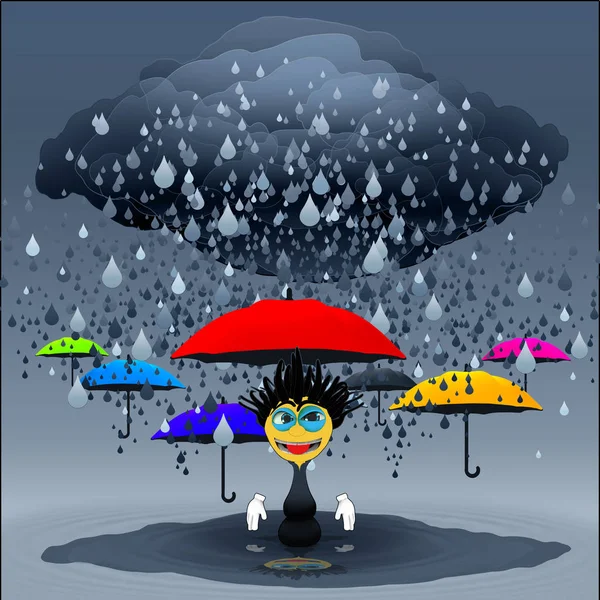 Personnage Dessin Animé Sur Pluie Avec Des Parapluies Colorés — Photo